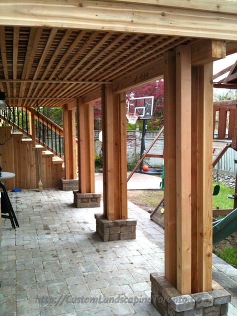 walk out basement under deck designs - Google Search Hardwood Pergola, Patio Under Decks, Under Deck, Backyard Patio Deck, Patio Deck Designs, Deck Posts, Under Decks, Cozy Backyard, Deck Plans