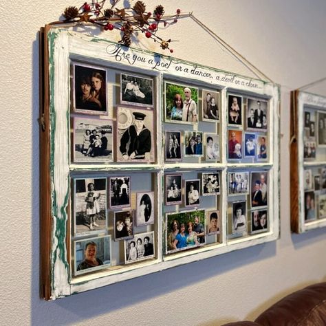 Window Picture Frame Diy, Window Photo Frame, Old Window Crafts, Old Window Decor, Family Picture Frame, Window Frame Decor, Window Frame Picture, Old Window Projects, Family Pictures On Wall