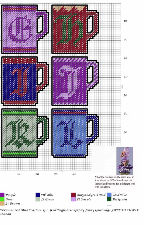 Personalized Mug Coasters G-L Plastic Canvas Mug Rugs Patterns Free, Plastic Canvas Coasters Patterns Free Cross Stitch, Plastic Canvas Monogram Letters, Plastic Canvas Alphabet, Plastic Canvas Coffee Cup Coasters, Letters In Plastic Canvas Alphabet, Monogram Mugs, Mug Pattern, Old English Letters