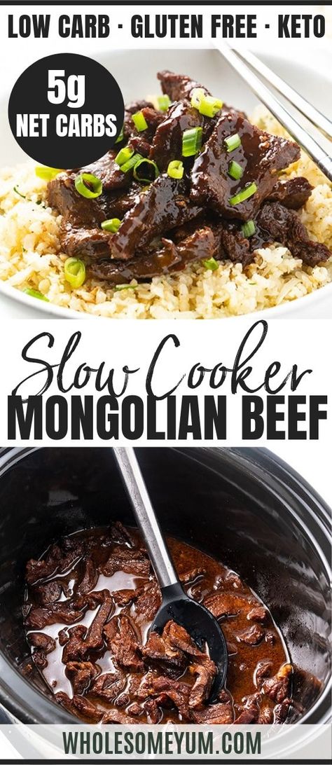 Keto Slow Cooker Mongolian Beef Recipe - This EASY, delicious slow cooker Mongolian beef recipe is better than takeout! Learn how to make Mongolian beef in the Crock Pot with just 8 ingredients, no starch, + 10 minutes to prep. No one will guess this is healthy keto Mongolian beef. #wholesomeyum #keto #ketorecipes #beef #slowcooker #crockpot #lowcarb #lowcarbrecipes #crockpotrecipes Keto Mongolian Beef, Slow Cooker Mongolian Beef Recipe, Slow Cooker Mongolian Beef, Mongolian Beef Recipe, Keto Slow Cooker, Keto Meat, Diet Lunch, Mongolian Beef Recipes, Wholesome Yum