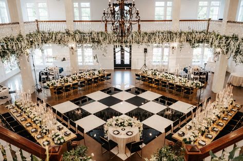 Dance Floor In Middle Of Tables, Checkered Dance Floor Wedding Indoor, Black And White Tile Dance Floor Wedding, Checked Dance Floor Wedding, Wedding Venue Dance Floor, Black And White Checkered Floor Wedding, Checkered Wedding Dance Floor, Black And White Checkered Dance Floor, Old Money Wedding Color Palette