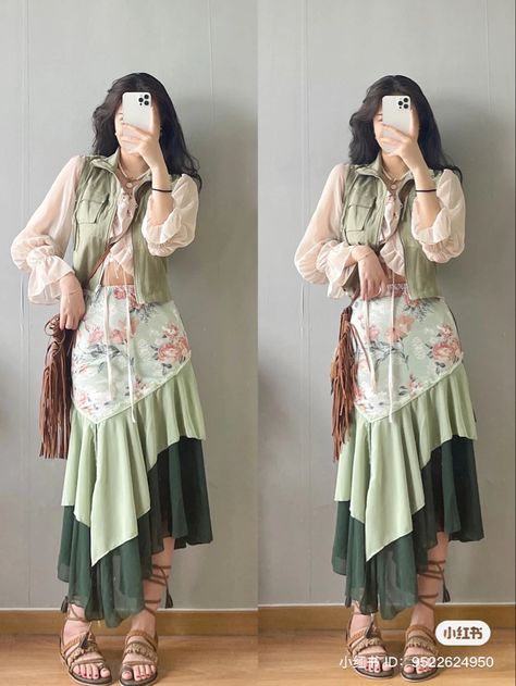 Modern Bohemian Outfits, Harajuku Skirt, Bohemian Outfits, Dystopian Fashion, Frock Fashion, Earthy Outfits, Fashion Top Outfits, Trendy Dress Outfits, Korean Fashion Dress