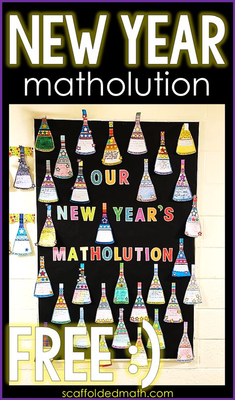 My new year resolution in math class classroom math bulletin board door decor scaffoldedmath.com Math Teacher Door Decorations, Math Door Decorating Ideas, New Years Classroom Door, New Years Bulletin Boards For School, Math Door Decorations, Holiday Bulletin Boards, Math Bulletin Boards, Math Wall, Christmas Bulletin Board