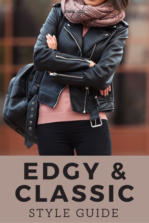 How to dress edgy and classic. Use this guide to build an edgy classic style for your capsule wardrobe. #classicedgy #capsulewardrobe Timeless Edgy Style, How To Dress More Edgy, Edgy Fashion Style Women, Minimal Edgy Style Outfits, Edgy Classic Outfits For Women, Comfortable Edgy Style, Edgy Timeless Outfits, Cool Style Women Edgy, 40 Outfits Over 40 Chic Edgy