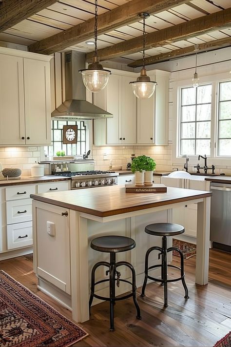 Create a welcoming and comfortable farmhouse kitchen with these 62 mat ideas. Discover a variety of materials, sizes, and designs that add warmth and personality to your culinary space while providing relief for tired feet during long hours of cooking and gathering. #FarmhouseKitchen #KitchenMats #WelcomingComfort Rustic Kitchen Island Mats, Farmhouse Kitchen Mats, Farmhouse Kitchen Island Table & Bar Stools, Rustic Kitchen Island Table & Bar Stools, Kitchen Island With Sink, Building Interior, Ranch Kitchen, Mat Ideas, Kitchen Table Chairs