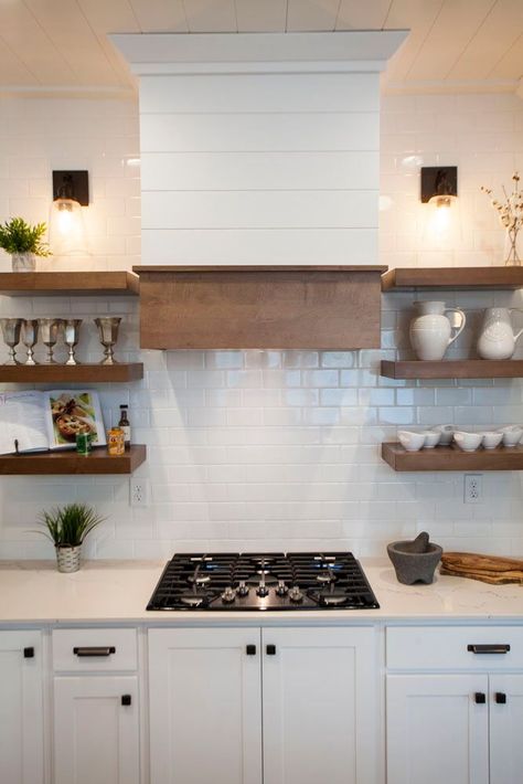 Oven With Open Shelving, Floating Shelves Kitchen Stove, Kitchen With Open Shelves Around Stove, Open Shelves By Stove, Open Shelves Near Stove, Range With Open Shelving, Stove With Shelves On Each Side, Open Shelving On Either Side Of Range Hood, Floating Shelves Around Stove