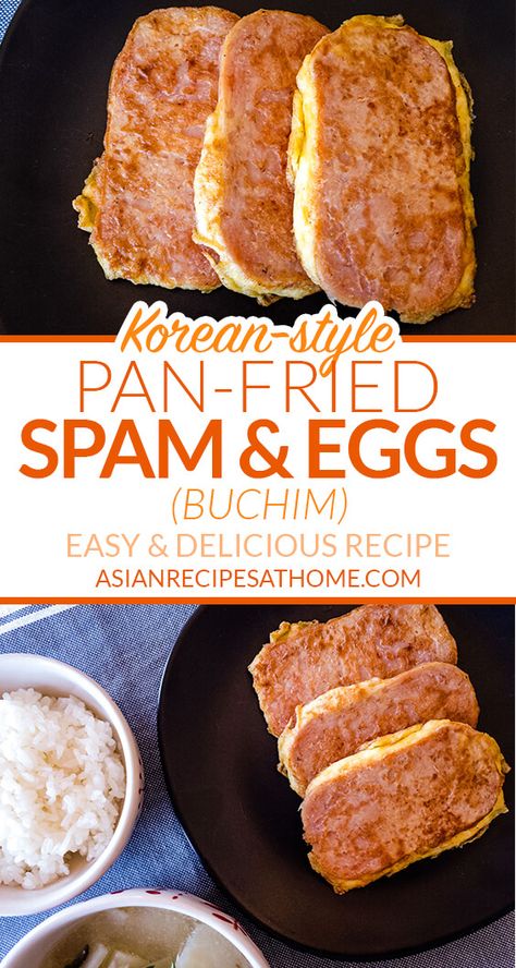 Korean-style Spam & Eggs (Buchim) - Try our Korean-style buchim recipe with Spam slices that are coated in whisked eggs and then pan-fried to a golden brown. Full recipe at AsianRecipesAtHome.com #spamrecipes #easyrecipes #quarantinefood #sidedish #koreanrecipes #koreanfood Spam Dishes Recipes For, Eggs And Spam, Fried Spam And Eggs, Breakfast Ideas With Spam, Air Fried Spam, Spam For Breakfast, Breakfast Spam Recipes, Asian Spam Recipes, Spam Breakfast Ideas