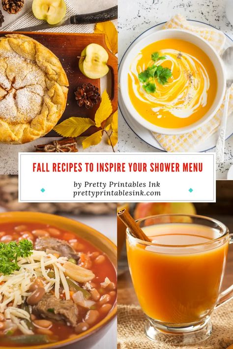 Fall Bridal Shower Lunch Ideas, Fall Shower Menu Ideas, Fall Bridal Luncheon Ideas, Fall Themed Bridal Shower Ideas Food, Fall Bridal Shower Menu Ideas, Couple Shower Food Ideas, Fall In Love Bridal Shower Ideas Food, Wedding Shower Menu Ideas, Fall Shower Food