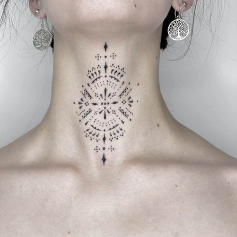 Delicate and Meticulous Tattoo Designs by Blum French Tattoo, Throat Tattoo, Boho Tattoos, Dot Tattoos, Neck Tattoos Women, Neck Tattoo For Guys, Nordic Tattoo, Ornamental Tattoo, Dot Work Tattoo