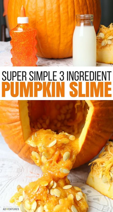 Super Simple 3 Ingredient Pumpkin Slime Recipe. This fall slime recipe will be a hit with the kids. This is a great way to spend quality time together and make easy slime for kids! with @bounty #ad Fall Slime, Pumpkin Slime, 3 Ingredient Pumpkin, Pumpkin Guts, Sensory Dough, Easy Slime Recipe, Slime For Kids, How To Make Pumpkin, How To Make Slime