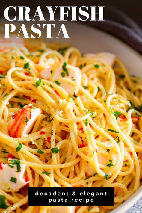 This Crayfish Pasta is a decadent dinner idea! Succulent, juicy crayfish stirred through linguine or spaghetti, with a delicious chili and garlic sauce. Serve on date night or at a fancy dinner party. Lobster and crayfish aren't your everyday protein, but they are delicious and worth the splurge every now and then! So if you pick up a cooked crayfish or cooked lobster in the grocery store, you can turn them into an indulgent and scrumptious pasta dinner with this easy seafood pasta recipe. Pasta And Lobster, Easy Seafood Pasta, Lobster Pasta Recipe, April Recipes, Lobster Spaghetti, Cooked Lobster, Decadent Dinner, Lobster Pasta, Lobster Dishes