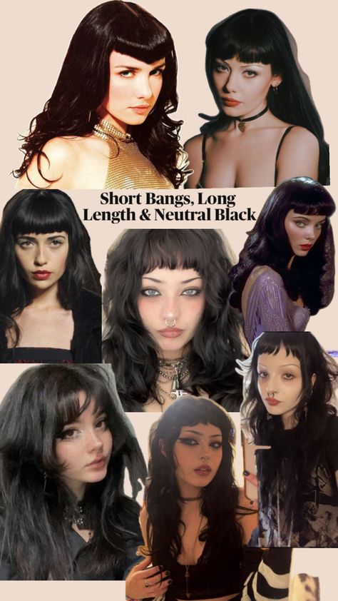 Baby Bangs Layered Hair, V Shaped Bangs Goth, Baby Bangs With Long Hair, Grungy Haircuts Women, Alt Layered Hair, Triangle Bangs Goth, Layered Long Hair With Bangs, Goth Haircut Medium, Gothic Haircuts