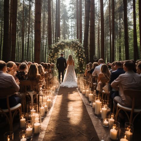 Forest Wedding Ceremony Arch, Forest Wedding Ceremony Aisle, Candles For Outdoor Wedding, Forest Wedding Venue Ideas, Wedding Arch Forest, Aisle Decorations Wedding Outdoor, Nighttime Wedding Ceremony, Twilight Wedding Aesthetic, Fall Forest Wedding