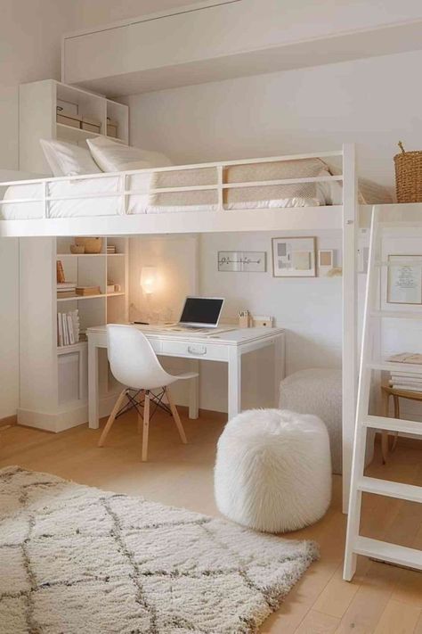 Small Room Inspo Ideas, Things To Do With Extra Rooms In Your House, Bedroom Ideas For Loft Beds, Loft Beds Ideas, Teenage Girls Bedroom Ideas Modern, White Room Decor Bedroom Small Spaces, Themes For Rooms Bedrooms, Room Ideas Loft Bed Aesthetic, Small Room With Loft Bed Ideas