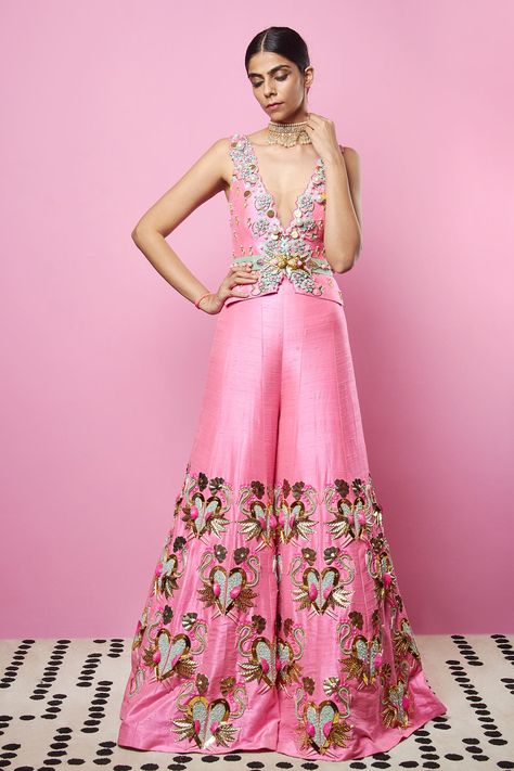 Shop for Papa Don't Preach Pink Raw Silk Embellished Top And Pant Set for Women Online at Aza Fashions Papa Don't Preach, Mint Pants, Silk Jumpsuit, Indian Bridal Wear, Stylish Party Dresses, Top And Pants Set, Dress Indian Style, Indian Designer Outfits, Embellished Top