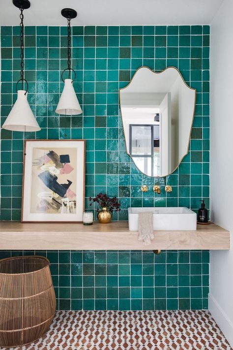 Teal Tile Bathroom, Teal Tiles, Unique Bathrooms, Teal Tile, Turquoise Bathroom, Bathroom Accent Wall, Bathroom Accents, Bathroom Gallery, Bath Mirror