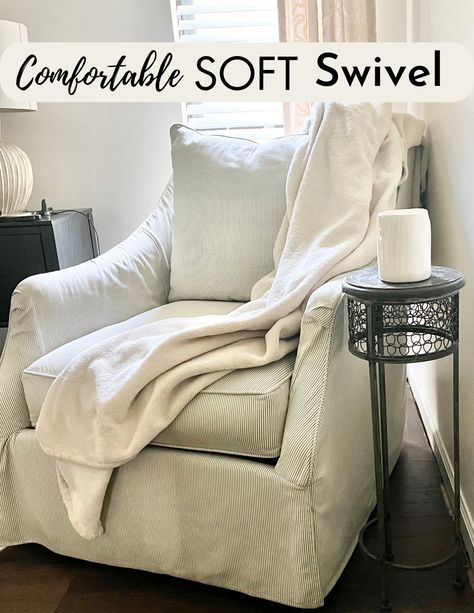 A neutral colored slipcovered chair that has down wrapped seating, swoop transitional arms,and a soft pillow back that makes the perfect swivel chair! Slipcovered Chairs Living Room, Slipcover Chairs, Coastal Accent Chairs, Slipcovered Chair, Armchair Slipcover, Down Feather, Slipcovers For Chairs, A Chair, Swivel Chair