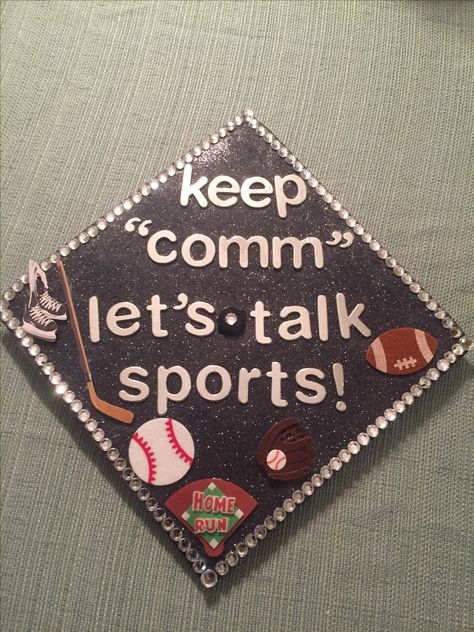 Grad cap #sports #communications Sports Management Graduation Cap, Communications Graduation Cap, Communication Graduation Cap, Sports Graduation Cap, Communications Major, Graduation Cap Designs College, Disney Graduation Cap, Graduation Board, Caps Ideas