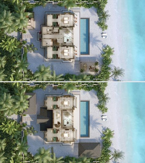 JOALI BEING | FOUR-BEDROOM WELLBEING PRIVATE OCEAN RESIDENCE Bungalow Resort Design, Joali Being, Beach House Floor Plan, Overwater Villa, Beach House Floor Plans, Bedroom Beach House, Sea View House, Resort Plan, Water Bungalow