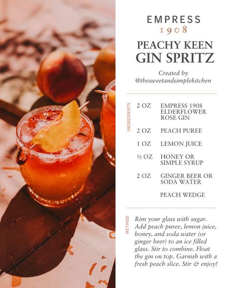 Gin Ingredients, Empress 1908 Gin, Gin Recipes, Gin Cocktail Recipes, Juicy Peach, Peach Puree, Gin Drinks, Yummy Alcoholic Drinks, Peachy Keen