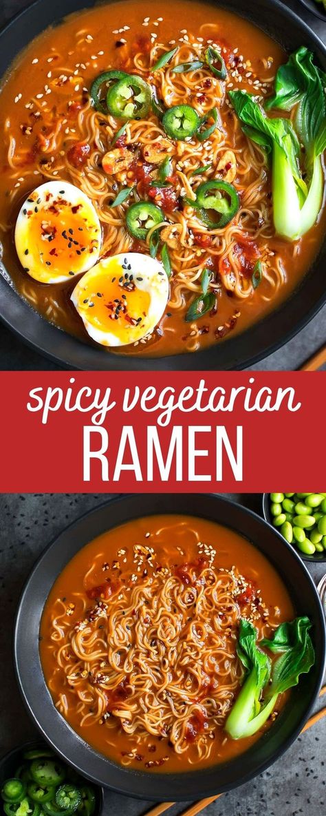 vegetarian ramen noodles with spicy broth, soft boiled eggs, bok chop, jalapeños, chili garlic sauce, and sesame seeds Spicy Ramen Soup, Spicy Ramen Recipe, Spicy Ramen Noodle Recipes, Vegetarian Ramen Recipe, Vegan Broth, Ramen Noodle Recipes Soup, Vegan Ramen Recipes, Garlic Chili Oil, Spicy Ramen Noodles