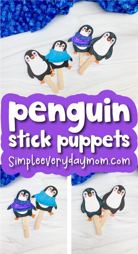 Kids will love these free printable adorable penguin stick puppets. They are so easy to make and can be printed out in full color or black and white for kids to color in, depending on what your child prefers. The kids get an opportunity to use their creativity while they play with them! It's a great winter craft idea that is super simple! Puffin Crafts For Kids, Penguin Games For Kids, Stick Puppets For Kids, Penguin Craft For Kids, Stick Puppet, Winter Animal Crafts, Penguin Activities, Preschool Winter, Penguin Crafts