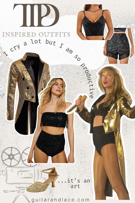 "I can do it with a broken heart" Eras Tour Outfit. gold tailcoat jacket, black sparkly matching set. TTPD outfit ideas. I Can Do It With A Broken Outfit, Tortured Poets Department Outfits Eras Tour, Tortured Poets Eras Tour Outfit, Tortured Poets Department Outfit, Ttpd Eras Tour Outfits, Reputation Eras Tour Outfit Ideas, Ttpd Outfit Ideas, Folklore Fairy, Concert Oufit