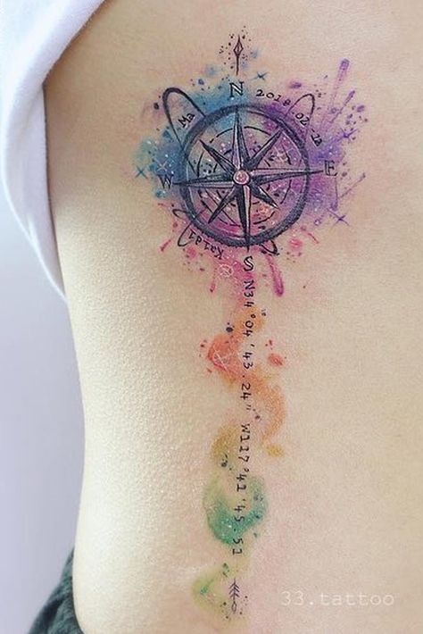 Watercolor Compass Tattoo On A Side #watercolortattoo #sidebodytattoo ★ Simple, small, feminine compass tattoo ideas with a meaning to inspire you. #compasstattoo #compasstattoodesign #tattoodesign #tattooideas #tattooforwomen #glaminati #lifestyle Mandala Compass Tattoo, Watercolor Compass Tattoo, Mandala Compass, Feminine Compass Tattoo, Small Compass Tattoo, Simple Compass Tattoo, Small Watercolor Tattoo, Compass Tattoo Design, Forearm Tattoo Design