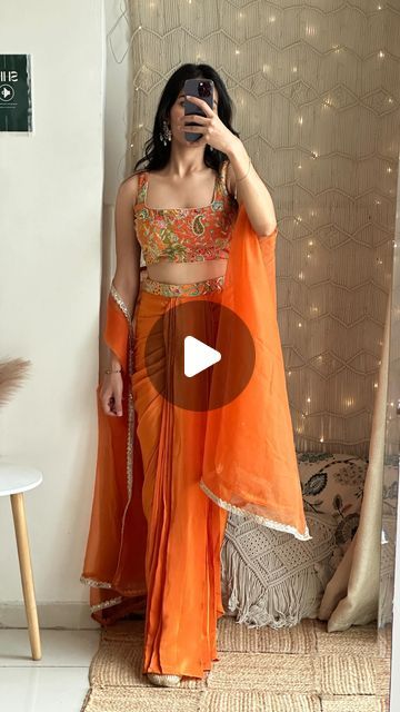 Orange Indian Outfit, Dress For Haldi, Lehenga Haldi, Haldi Dresses, Trending Lehenga, Three Piece Dress, Orange Dress Outfits, Orange Drapes, Haldi Dress