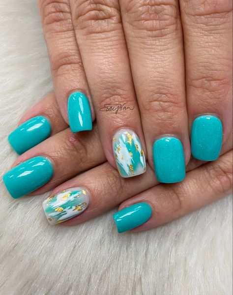 #abstract #nails #gold #foil Foil Accent Nail, Spring Abstract Nails, Nails With Foil Flakes, Blue Foil Nails, Nail Foil Designs Ideas, Gold Foil Nail Art, Tiffany Blue Nails, Foil Nail Designs, Sns Nails Colors