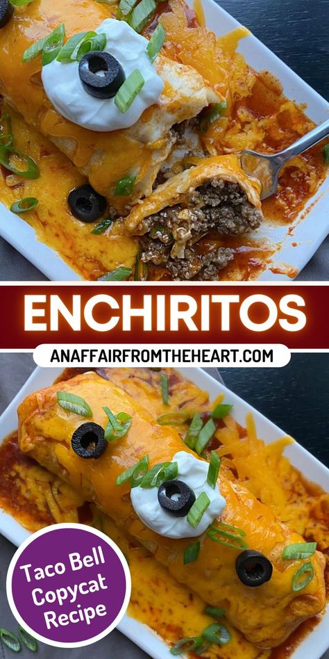 Taking a piece of Copycat Taco Bell Enchirito with a fork. Soft Taco Recipe Ground Beef, Recipes Using Flour Tortillas, Taco Bell Enchirito, Taco Bell Enchirito Recipe, Flour Tortilla Enchiladas, Enchirito Recipe, Soft Flour Tortillas, Frito Corn Salad, Taco Bell Copycat