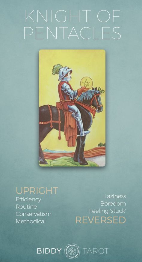 Knight of Pentacles Tarot Card Meaning  Click to get the full description!  tarot card meanings, biddy tarot, knight of coins, knight of pentacles meaning, learn tarot, tarot card meanings Hermit Tarot Card Meaning, Knight Of Pentacles Tarot Meaning, Tarot Reference, Knight Of Pentacles Tarot, Tarot Pentacles, Knight Of Pentacles, Tarot Time, Tarot Guidance, The Hermit Tarot Card