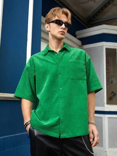 Corduroy Shirt, Shein Outfits, Plain Shirt, Plain Shirts, Sneakers Outfit, Green Shirt, Men Clothing, Half Sleeve, Half Sleeves