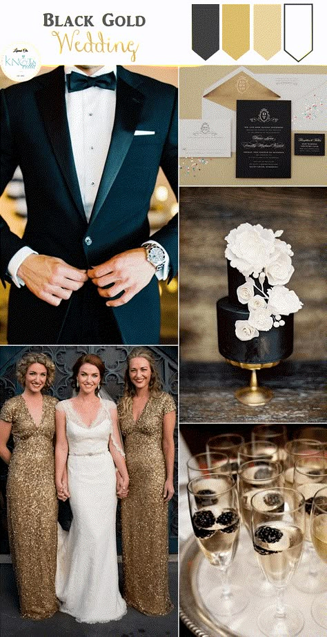 Thinking of a formal event with elegance? Look no further, this Black and Gold Wedding inspiration board is here to help you visualize all that glamour. Wedding Alternatives, Top Wedding Colors, 20s Wedding, Black And Gold Wedding, Wedding Color Scheme, Wedding Color Combinations, Wedding Renewal, Gold Wedding Colors, Black Gold Wedding