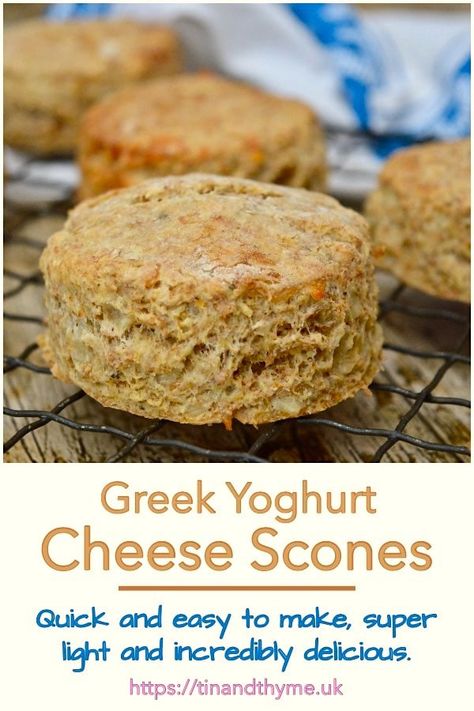 Greek Yoghurt Cheese Scones. Quick and easy to make these scones can be on the table within thirty minutes. They're made extra light and super delicious by the addition of yoghurt. Delicious on their own or with a bowl of soup. Butter always helps. #TinandThyme #CheeseScones #SconeRecipe #GreekYoghurt #YoghurtRecipes Yogurt Scones Recipe, Cheese Scone Recipes, Yoghurt Recipe, Best Homemade Bread Recipe, Homemade White Bread, Scones Easy, Cheese Scones, Savory Cheese, Savory Scones