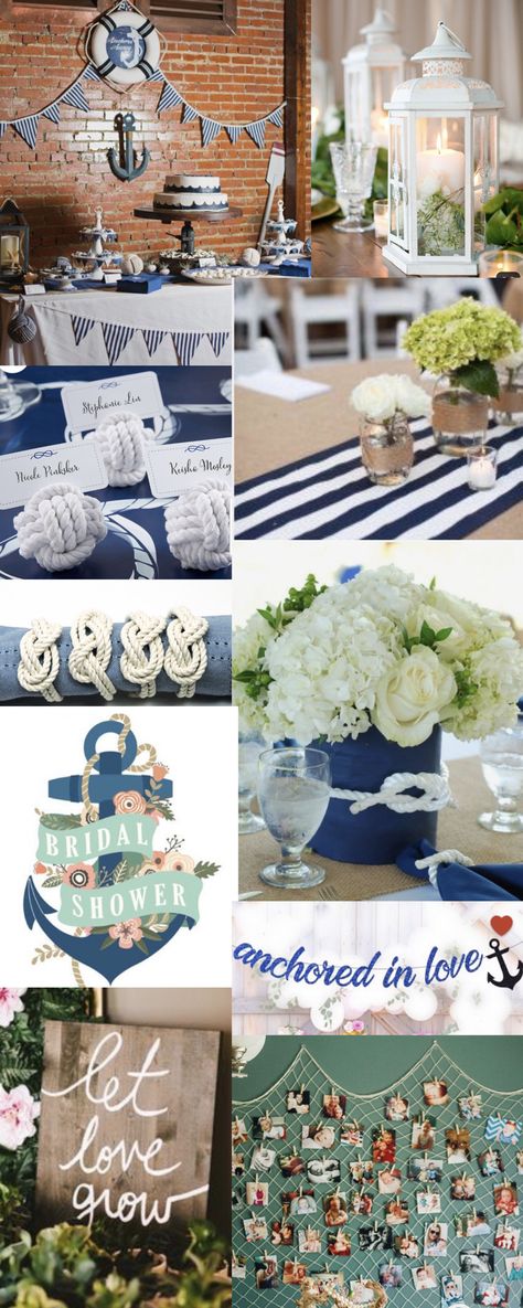 Nautical Bridal Shower Centerpieces, Sailor Theme Wedding, Beach Themed Bridal Shower Ideas Food Nautical Wedding, Anchor Decorations Party, Cruise Themed Bridal Shower Ideas, Bridal Shower On A Boat, Sweet 16 Nautical Theme, Yacht Bridal Shower Ideas, Nautical Theme Wedding Decorations