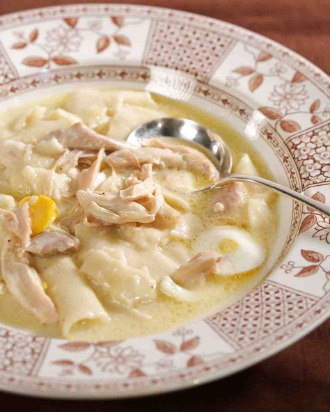 Old-Fashioned Chicken and Dumplings Recipe —  This wonderful and hearty recipe for old-fashioned chicken and dumplings is courtesy of Scott Peacock!  | Martha Stewart Chicken And Dumplings Recipe, Martha Stewart Recipes, Dumplings Recipe, Interesting Recipes, Soup And Stew, Dumpling Recipe, Chicken And Dumplings, Hearty Meals, Chicken Stock