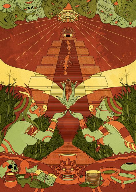 Poster illustration of how the gods sent quetzalcoatl to deliver corn to men Mayan History, Maya Art, Latino Art, Mexican Culture Art, Aztec Art, Poster Illustration, Celestial Art, Brown Art, Mexican Culture