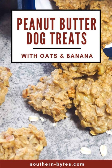 These four-ingredient peanut butter and banana dog treats are so easy to make. They are a great way to give your dog a healthy and tasty treat. Peanut Butter Banana Dog Treats Recipes, Dog Treats Homemade With Banana, Peanut Butter Banana Oatmeal Dog Treats, Dog Treats With Oatmeal, High Calorie Dog Treats, Oatmeal Dog Treats Easy, Banana Oatmeal Dog Treats, Dog Treats With Banana, Banana Peanut Butter Dog Treats