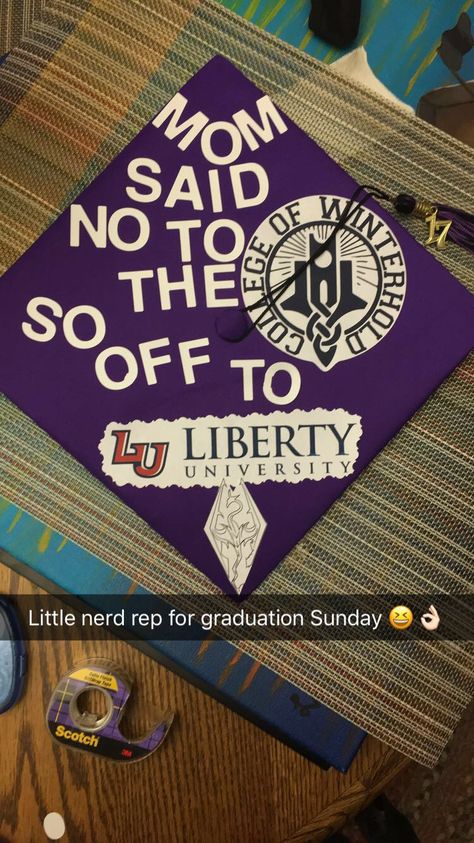 Skyrim graduation cap decoration! Nerdy but fun. High school is over! College of winterhold here I come! (I wish) Skyrim Graduation Cap, College Of Winterhold, Graduation Things, Skyrim Funny, Graduation Cap Ideas, Graduation Cap Decoration Diy, Grad Caps, Cap Decoration, Liberty University