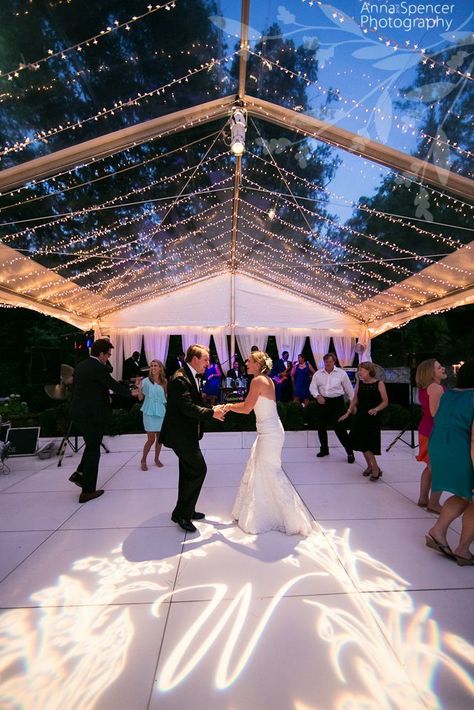 Gobo Lighting Wedding Dance Floor Monogram Light Up Dance Floor, White Dance Floor, Bride And Groom Dancing, White Dance, Clear Tent, Dance Floor Wedding, Buckhead Atlanta, Tent Lighting, Wedding Tent