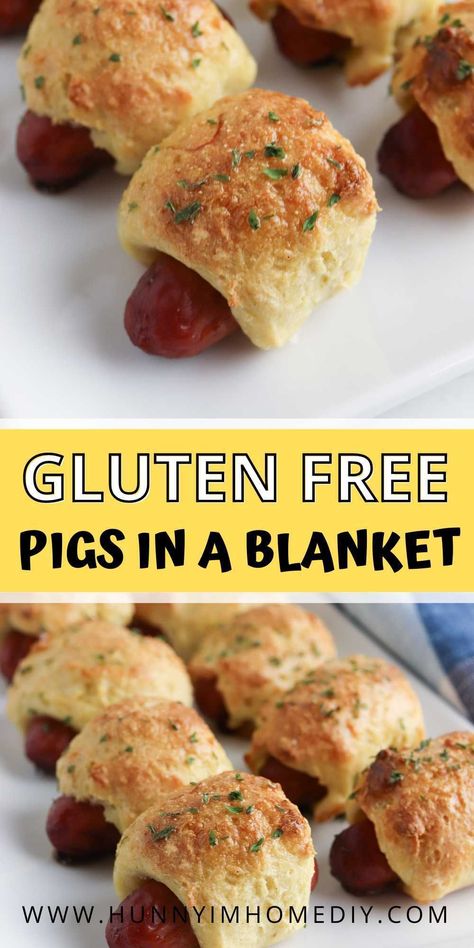 You only need five ingredients to make these easy gluten free pigs in a blanket for your next party! They're a delicious appetizer recipe perfect for feeding a crowd. Whip up this simple GF snack for birthdays, potlucks, or even Super bowl Sunday! Gluten Free Appetizer Recipes, Food To Feed A Crowd, Gluten Free Finger Foods, Gluten Free Appetizer, Gluten Free Recipes Appetizers, Easy Finger Food, Finger Snacks, Gluten Free Sausage, Little Smokies