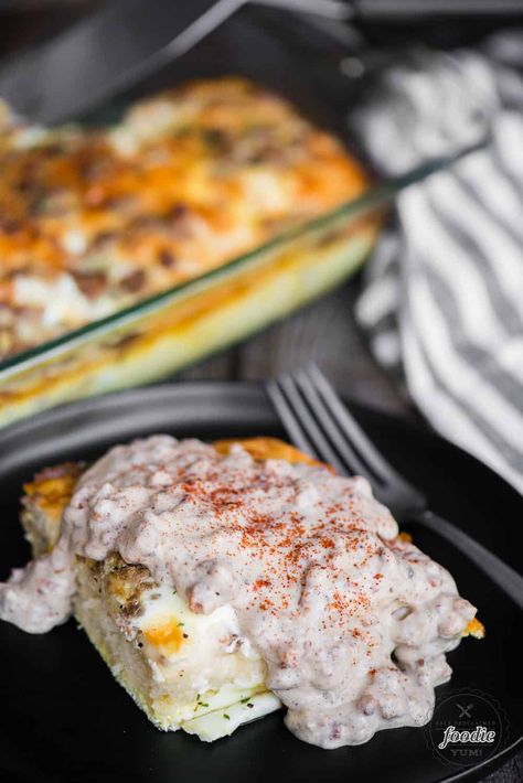 Biscuits and Gravy Casserole is the best homemade breakfast! This hearty comfort food recipe combines classic biscuits and gravy with a baked egg casserole. Baked Egg Casserole, Bake Eggs, Egg Bake Casserole, Gravy Casserole, Biscuits And Gravy Casserole, Baked Egg, Favorite Breakfast Recipes, Homemade Sourdough Bread, Hearty Comfort Food