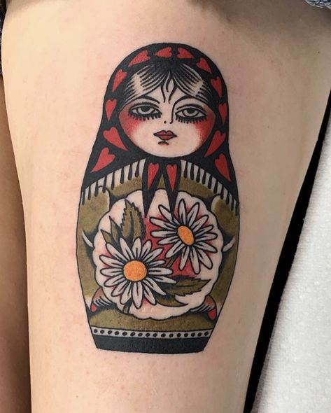 Matryoshka Tattoo Traditional, Russian Doll Tattoo Traditional, Matryoshka Tattoo, Russian Doll Tattoo, Nesting Doll Tattoo, Russian Traditional Clothing, Neat Tattoos, Leg Tats, Trad Tattoos