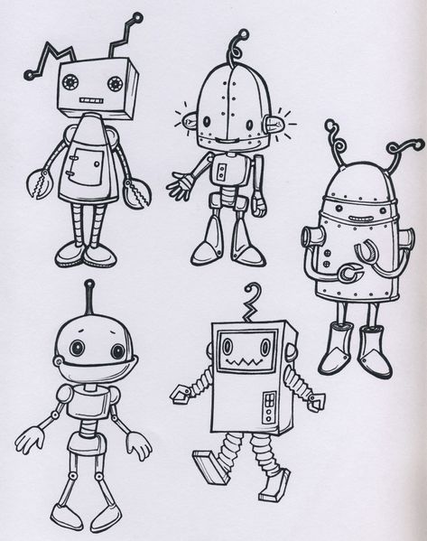 robots | robot drawings for fabric design | Star Primm | Flickr Robot Drawing Ideas, Robot Drawing, Simple Face Drawing, Robot Tattoo, Robot Sketch, Robot Cartoon, Robot Illustration, Arte Robot, Cartoon Monsters