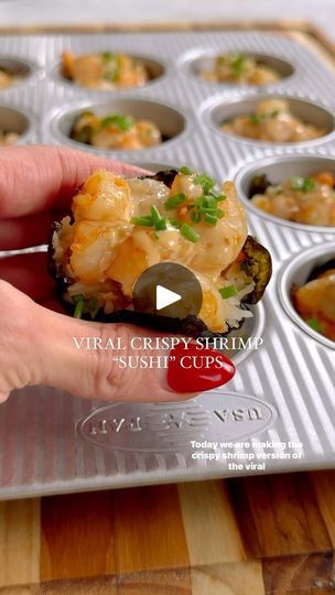 Salmon Shrimp Sushi Bake, Crispy Shrimp Sushi Cups, Sushi Cups Shrimp, Baked Shrimp Sushi Cups, Spicy Shrimp Crispy Rice Cups, Shrimp Seaweed Cups, Crispy Rice Sushi Cups, Shrimp Sushi Bites, Shrimp Sushi Bake Cups