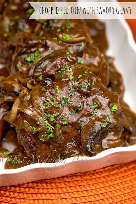 Soft chopped sirloin patties with a savory gravy is a perfect, and easy weeknight meal. Surprise ingredient flavors the meat and the gravy Chopped Sirloin Patties Recipe, Sirloin Recipes, Easy Skillet Dinner, Slow Cooker Salisbury Steak, Chopped Steak, Beef Patties, Ground Sirloin, Patties Recipe, Brown Mushroom