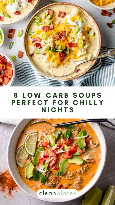 Warming, filling soups are perfect for cold winter nights. These low-carb recipes are so nourishing -- grab a spoon! Clean Keto Soup Recipes, Healthy Creamy Crockpot Soups, Keto Crockpot Soup Recipes Low Carb, Low Carb Crock Pot Recipes Soup, Low Carb Fall Soup Recipes, Thick Soup Recipes Healthy, Creamy Low Carb Soup, Low Carb Creamy Chicken Soup, Low Carb Stews And Soups