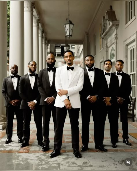 Black Tux With Champagne Bow Tie, Groom And Groomsmen Photoshoot, Classic Groom And Groomsmen Attire, Husband And Groomsmen, All White Groomsmen Attire, Groom Group Poses, Groom Wedding Pictures Photo Ideas, Hallmark Wedding Ideas, Black Wedding Party Photos