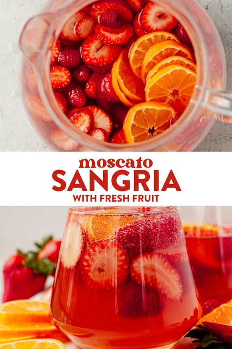 This moscato sangria is an easy and fruity cocktail for the summer. It's a simple mix with sweet moscato wine and fresh fruit. We love to serve this in the summer with fresh fruit. Wine Punch Recipes Moscato, Sangria With Moscato White, Simple Pina Colada Sangria, Pink Moscato Sangria, Moscato Sangria Recipes Easy, Olive Garden Green Apple Moscato Sangria, Rose Sangria Recipes Easy, Fruity Sangria Recipes, Big Batch Sangria Recipe